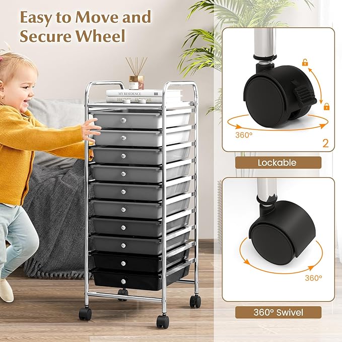 GLACER 10 Drawers Rolling Cart, Storage Cart with w/Removable Drawers & Steel Frame, Utility Mobile Trolley w/Universal Casters & 2 Brakes, Organizer Cart for Home, School, Office (Gradient Grey)