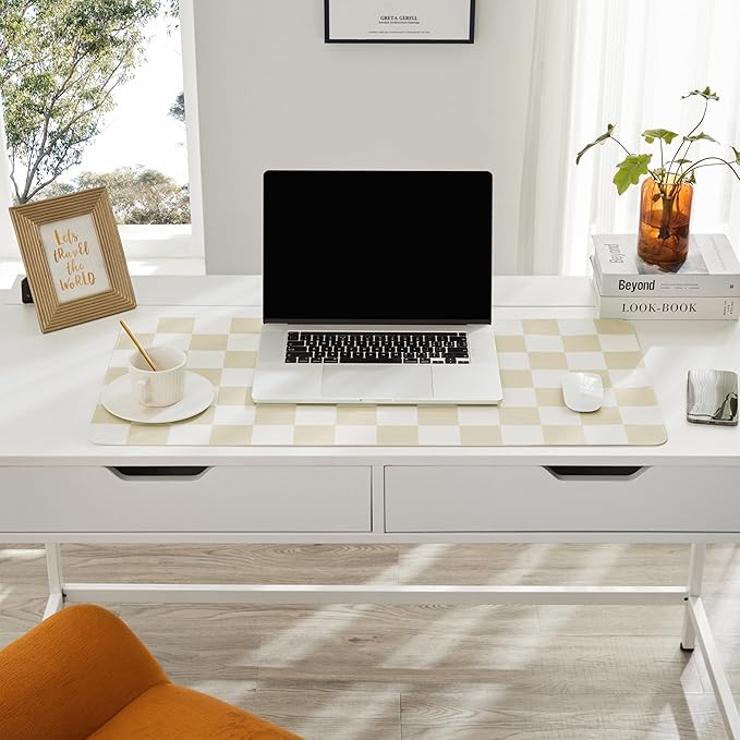 Ohocut Checkered Desk Mat, 31.5" x 15.7" Large Cute Beige Sand Aesthetic Retro Accessories, PU Leather Computer Laptop Desk Mat Mouse Keyboard Pad, Desk Writing Makeup Mat for Vanity/Work/Home Decor
