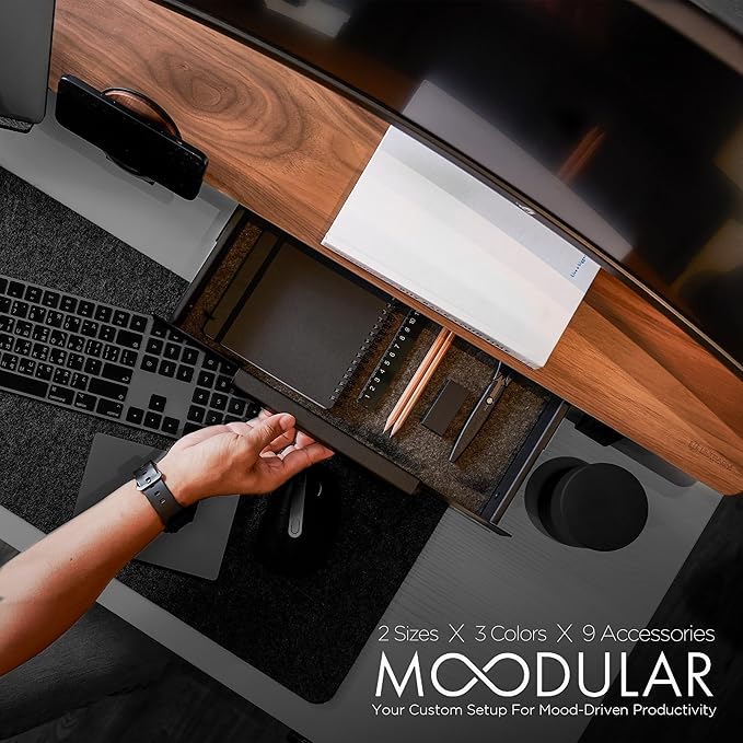 ULTRARM Moodular Wooden Monitor Stand 45.6” (116cm) Large Desk Organizer with Metal Slide Rails for Drawer, Tray, Laptop, Tablet, Phone & Headphones Customizable Riser for Organized Workspace Walnut