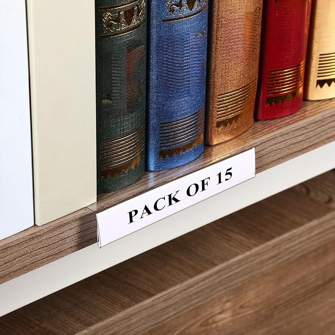 Containlol 15 Pieces Moveable Shelf Label Holders Clear Shelves Tags Moveable Library Markers Transparent Shelf Label Display Holder for Classroom Office Library Book Shelves(9.06 x 5.12 x 0.79 Inch)