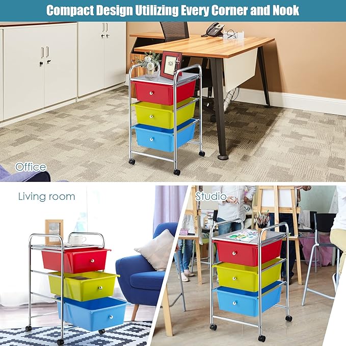 Giantex Rolling Cart with Drawers, Craft Organizer with Wheels, 3 Drawer Storage Container Bins for Back to School Office Scrapbook Paper Tools Red, Green & Blue