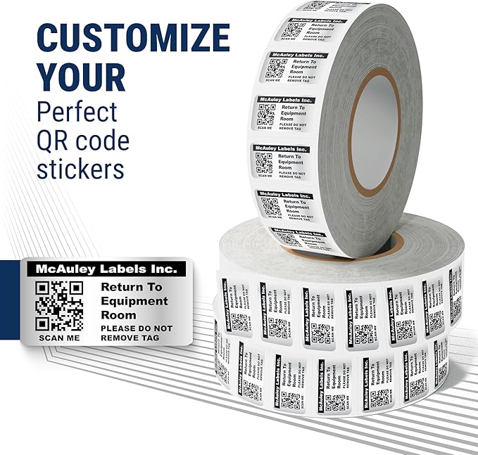 McAuley Labels Custom QR Code Stickers - Numbered, Permanent, Adhesive Asset Tags for Equipment - Heavy Duty Metalized Polyester - 1.5x0.75 Inches