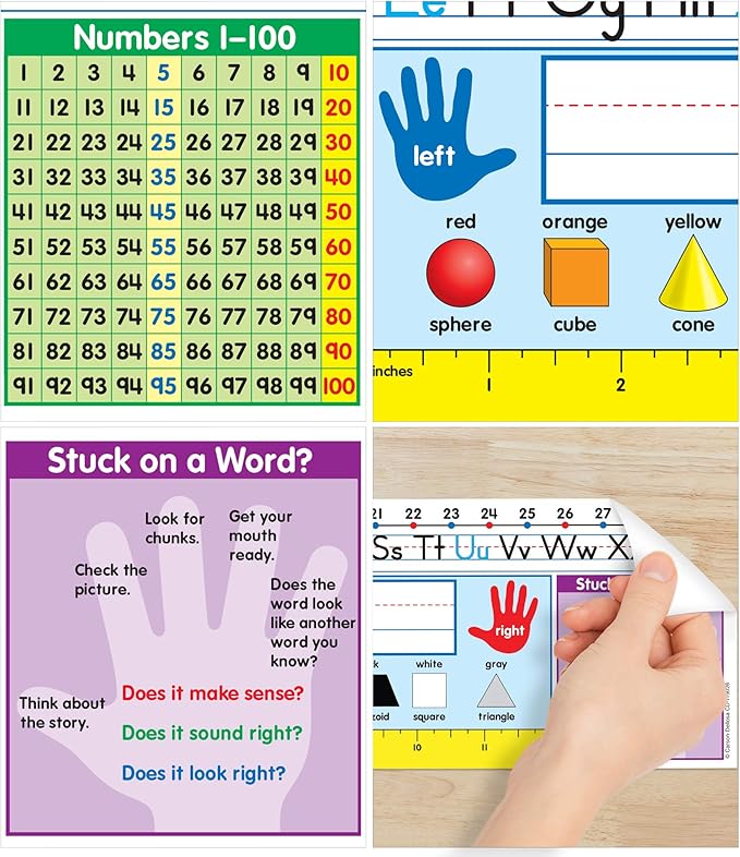 Carson Dellosa Education 30PC Quick Stick Name Plate Set offers alphabet charts, number lines, a 100 chart, a ruler, and clear labels that support organized desks and help students develop skills well