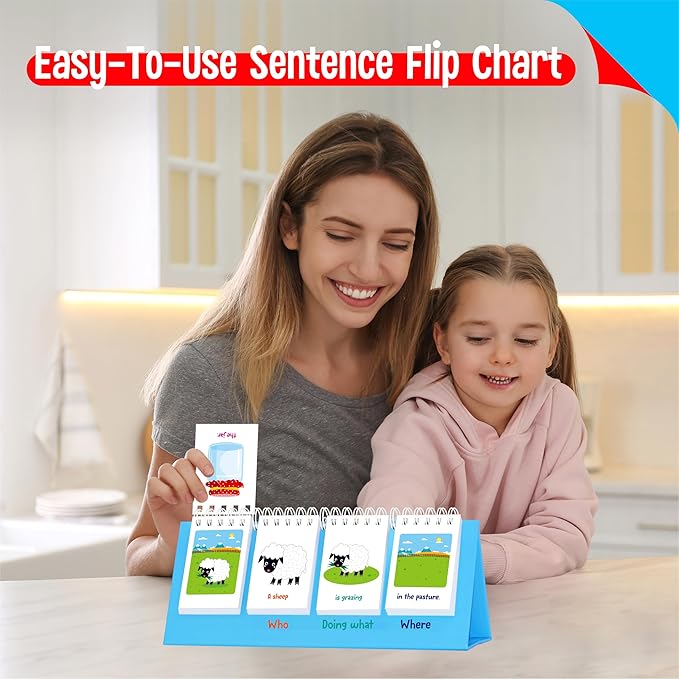 Sentence Flip Charts, 80 Double Sided Cards 40 Sentences, Learn Parts of Speech Who/What/Where Sentence Building Freestanding Flip Chart Educational Tool for Preschool Kindergarten 1st 2nd Grade