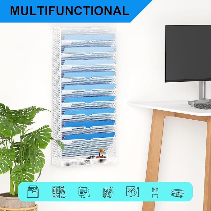 GDINDINFAN Hanging Wall File Organizer 10 Tier Wall Mounted File Holder Document Wall Organizer Magazine Organization for Office Home, White