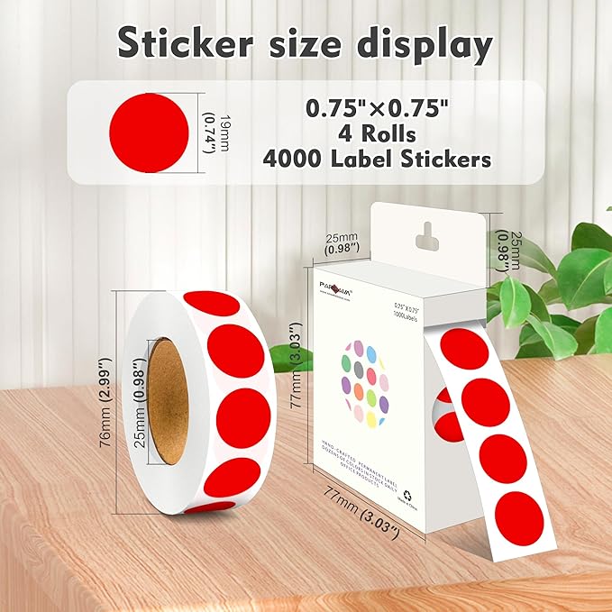 PARLAIM 3/4 Inch Roll Color Coding Labels,4000 per/4 Rolls Round Adhesive Color Coding Circle Dot Stickers for Office Home (Red)