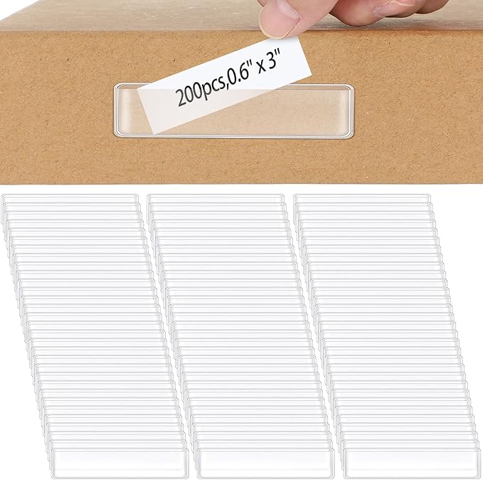 Jeyiour 200 Pcs Label Holders Adhesive Nameplate Pockets Storage Bin Labels Index Card Holder Shelf Plastic Peel Stick for Classroom Supermarket Bookshelf Library Student Box Drawer (3 x 0.6 Inch)