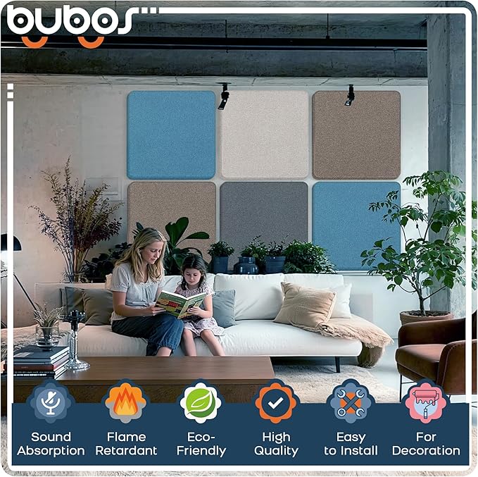 BUBOS 4 PCS Acoustic Panels,Fabric Soundproof Wall Panels,Self-adhesive Sound Absorbing Panels for Studios, Office, Home Theater (Mistral, 23.6''x23.6'')