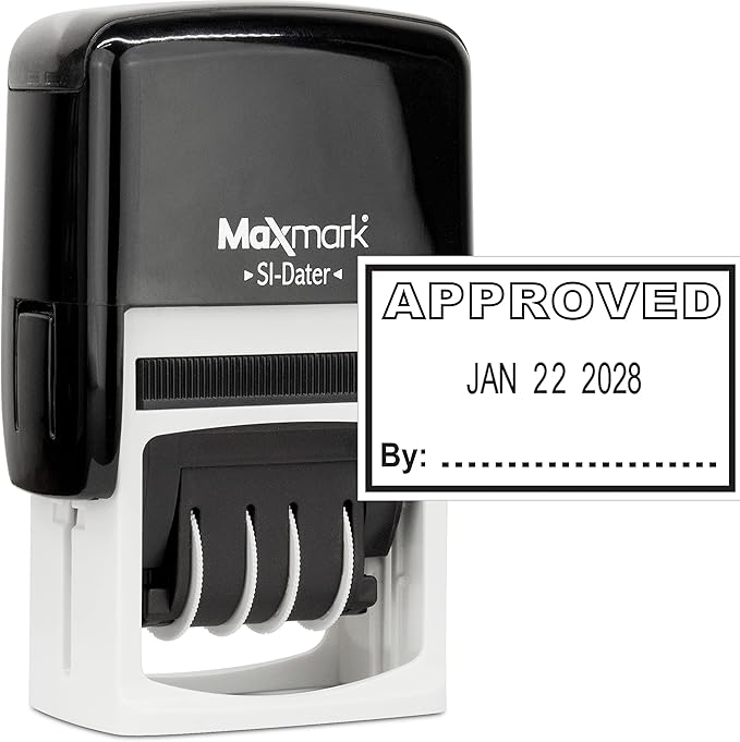 MaxMark Office Self Inking Date Stamp with Phrase Approved - Black Ink