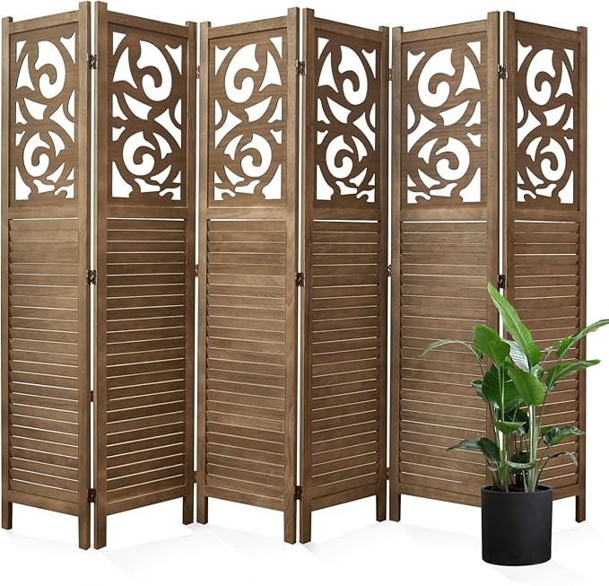 Room Divider Wood Carved Wall Divider Indoor Folding Portable Partition Screen for Home Office Garden Terrace - 6 Panel, 67 * 90inch (Dark Brown)