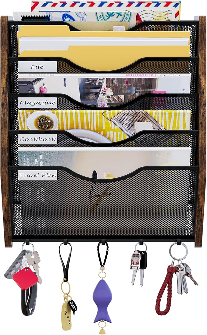 PAG-Mass Wall File Organizer With Hooks, 5 Tier Mesh Mail Organizer Wall Mounted,Hanging File Organizer,Magazine Holder for Documents,Magazine,Literature,File,Mails,Envelopes