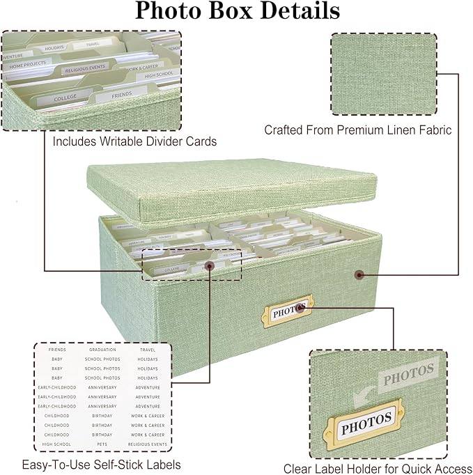 Sprsthai Linen Photo Storage Box – Holds 1700 Photos, 24 Adjustable Dividers & 72 Labels Multi-Use Organizer for Photos, Envelopes, Recipes Beige
