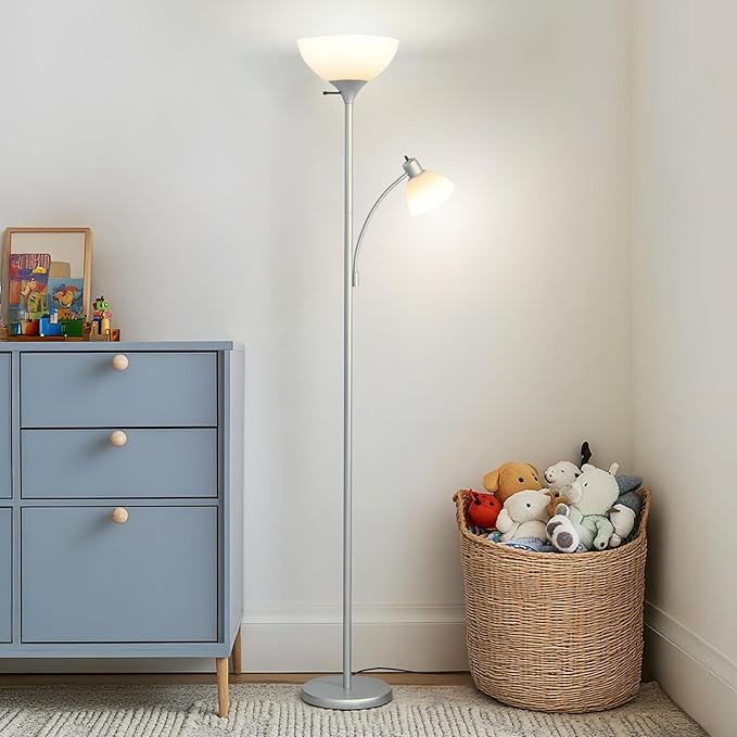 Brightech Sky Dome Plus LED Floor lamp, Torchiere Super Bright Floor Lamp with Reading Lamp for Living Rooms & Offices - Dimmable Tall Standing Lamp for Bedroom Reading - Silver