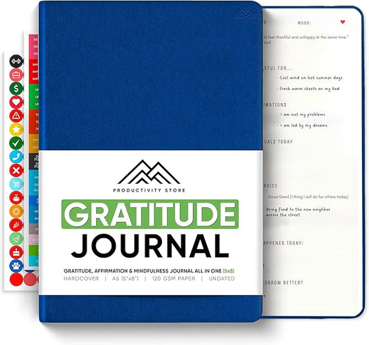 Gratitude & Self-Care Journal - Guided Mindfulness & Mental Health Journal All-in-One with Prompts for Self Discovery - Daily Journal for Men & Women by PRODUCTIVITY STORE (A5, Navy)