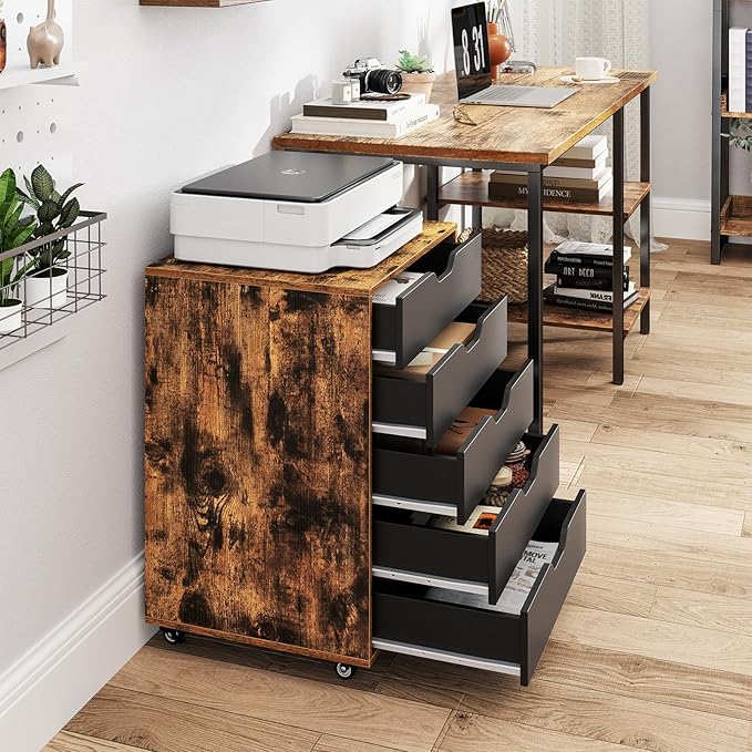 Giantex 5-Drawer Storage Cabinet with Drawers, Wheels, Rolling Lateral Filing Under Desk, Chest, 19.5" x 16" x 25.5" Office Mobile File Cabinet for Living Room, Study