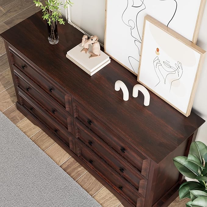 VVFLU Farmhouse 6 Drawer Dresser for Bedroom, 54" Wide Wood Dresser with Natural Texture, Rustic Chest of Drawers for Bedroom with Vintage Metal Hands, for Living Room, Hallway, Cherry
