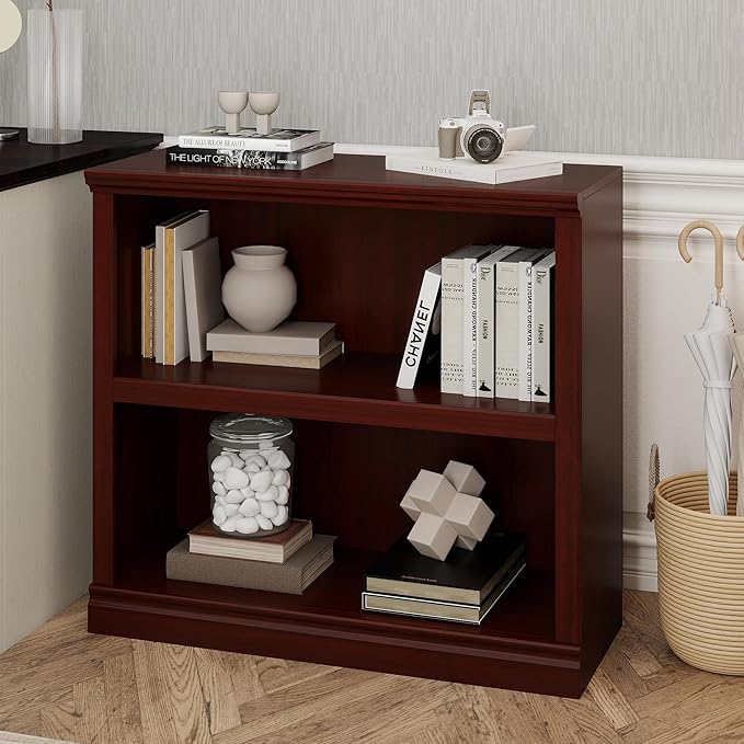 Bevfint 30" Bookcase, White Floor Standing Bookshelf, 2-Tier Display Shelves Open Storage Organizer, Book Case for Living Room Hallway Kitchen Home Office Bedroom, Mahogany 2 Tiers