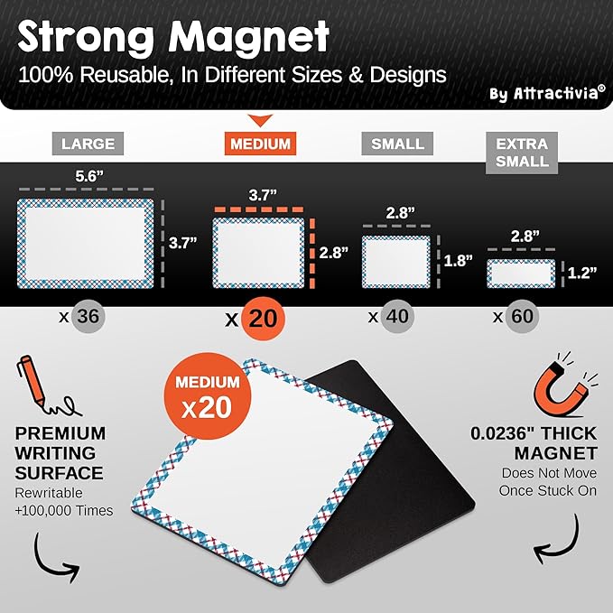 Attractivia Dry Erase Magnetic Labels 3.7 x 2.8 in, Pattern Borders, Medium Dry Erase Magnets, 20-Pack, Colored Erasable Write-On All-Purpose Labels, for Office, Education, Home, Whiteboard