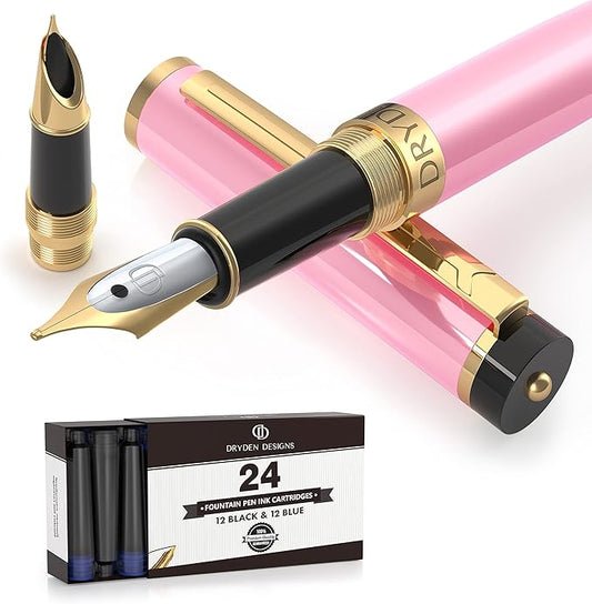 Dryden Designs Fountain Pen - Medium and Fine Nibs | Includes 24 Ink Cartridges and Ink Refill Converter | Consistent Writing, Smooth Flow - Luscious Pink