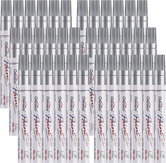 Overseas Metallic Silver Paint Marker Pens - 36 Pack Oil-Based Permanent Markers Set, Quick Dry, Waterproof, Medium Tip Paint Pens Bulk for Wood, Metal, Rock, Ceramic, Plastic, Canvas, Glass, Rubber