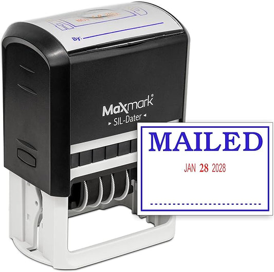 MaxMark Large Self-Inking Rubber Date Office Stamp with Mailed Phrase & Date - Blue/Red Ink, 12-Year Band - Style 3