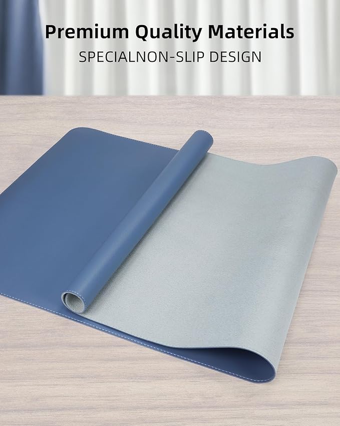 Leather Desk Pad Protector, Large Mouse Mat, Non-Slip Waterproof PU Leather Blotter, Office and Home Cover (Grey Blue, 36" x 17")