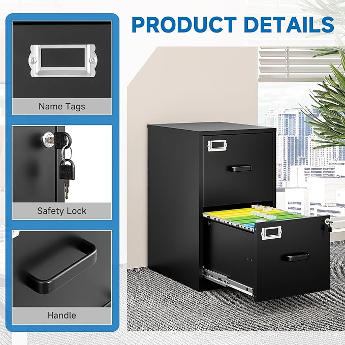 BYNSOE 2 Drawer File Cabinet with Lock Vertical Filing Storage Cabinet Office Home Steel Vertical File Cabinets for Letter Size File Cabinet Locked,Assembly Required