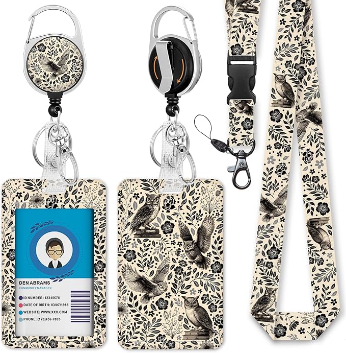 Giancomics Floral Owls Lanyards for Id Badges, Book ID Badge Holder with Retractable Reel, Flower Teacher Lanyard with Keychain Key Clip Carabiner Name Tag Card Holder Protector Office Women Gift