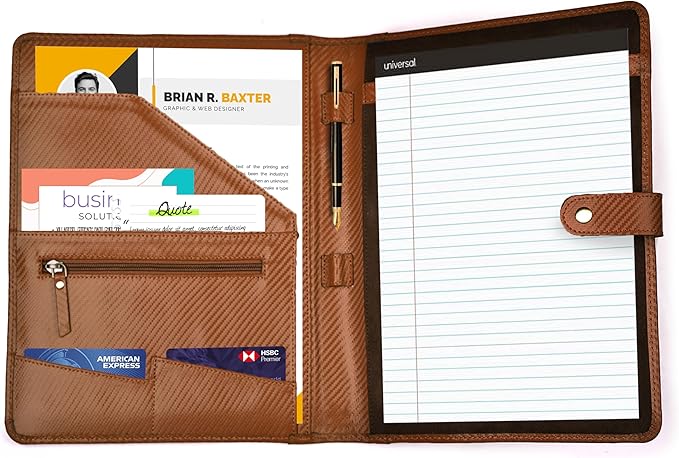 LEATHER VILLAGE Portfolio Professional Organizer – Carbon Fiber Genuine Leather Padfolio Resume Folder for A4 Letter Pad with Pen Holder, Business Card Slots & Writing Pad – Ideal for Men & Women-Tan