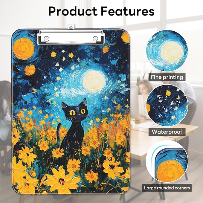 Luminzo Plastic Cute Clipboard, Low-Profile Metal Clip, A4 Letter Size 9 x 12.5 in, 8.5 x 11 Paper Clip Board for Teachers, Nurses, Classroom, Cute Van Cat