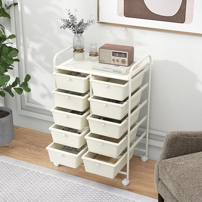 LDAILY 10 Drawer Rolling Cart, Storage Cart Organizer on Wheels, Drawer Cart with Metal Frame & Large Storage Capacity, Rolling Cart with Drawers for Living Room Classroom, Office