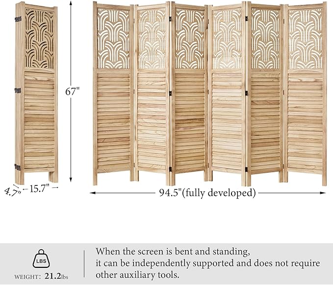 Svimi Folding Room Divider, 66.9 Inch 6 Panels Wood Carved Privacy Screens, Free Assembled Freestanding Portable Separation Wall for Home Office Bedroom (Natural)