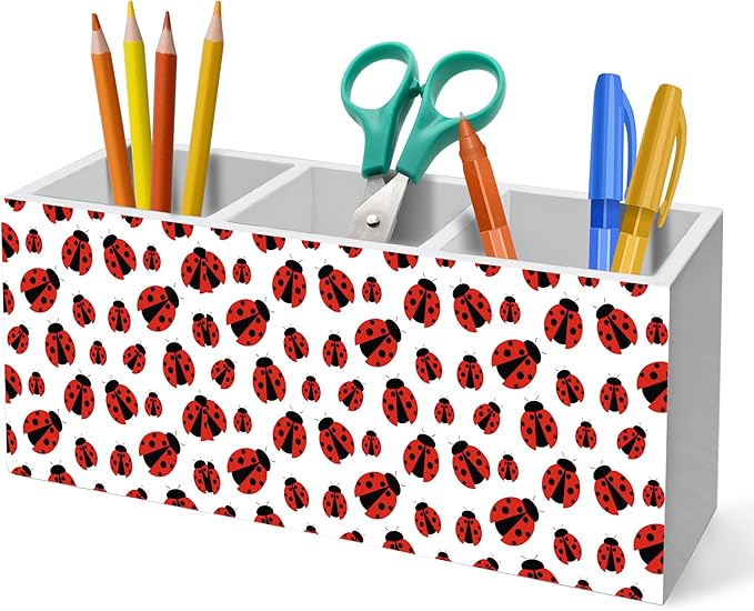HUKINE Red Ladybug Pen Holder for Desk Decoration, Ladybug Gifts for Women Wooden Box Sign Pencil Holder Organizer for Home Office Desk Accessories, Lady Bug Gifts