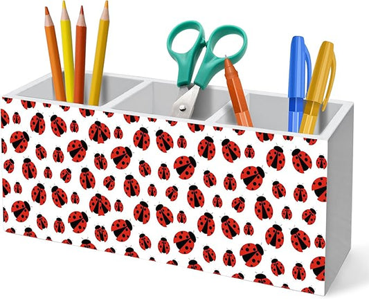 HUKINE Red Ladybug Pen Holder for Desk Decoration, Ladybug Gifts for Women Wooden Box Sign Pencil Holder Organizer for Home Office Desk Accessories, Lady Bug Gifts