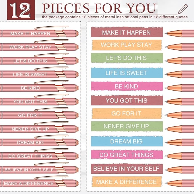 Zonon 12 Pcs Inspirational Pens Bulk Funny Ballpoint Pen with Stylus Tip Motivational Gifts for Valentine's Day Teacher Coworkers Nurse School Office Supplies(Rose Gold,Motivational Style)