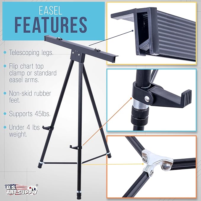 U.S. Art Supply 70" High Boardroom XL Black Aluminum Flip Chart Easel & Presentation Stand - Adjustable Floor/Tabletop, Portable Tripod, Holds 45 lbs, for Chart Paper, Poster Boards, & Pads
