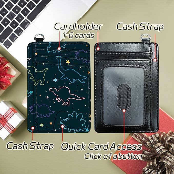 BWEGRHE Small Travel Wallets, Fun Dinosaurs Slim Minimalist Front Pocket Wallet with Wristlet, RFID Blocking PU Leather Credit Card Holder with ID Window Change Purse for Men Women