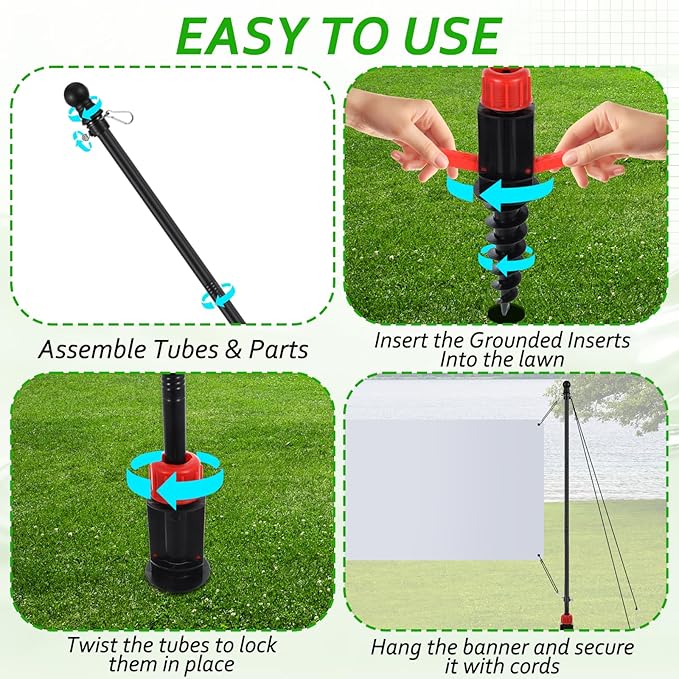AIHSUMC Outdoor Banner Pole with Ground Stake, 4-Section Stainless Steel Adjustable Banner Stand, Free-Assembly Yard Sign Post for 3–10FT Horizontal Banners, Portable Advertising Display (Hardware Only)