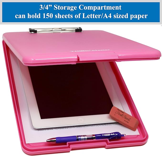 Think2Master Pink Plastic Storage Clipboard. | 25% Heavier & 25% Sturdier| Heavy Duty and Won’t Flex or Bend Like Other Brands (Compare The Weight). Storage Compartment Holds 150 Letter Sized Paper.