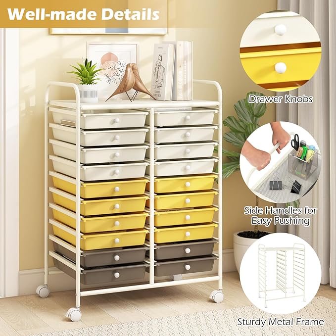 Happygrill 20-Drawer Organizer Cart Tools, Mobile Utility Storage Cart with Removable Drawers & Lockable Wheels, Rolling Storage Cart with wheels for Home Office School (Yellow, Beige & Grey)