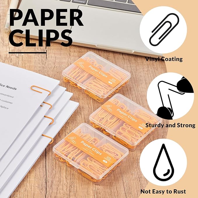 NEEWAY Colorful Paper Clips Assorted Sizes, Small and Large Paper Clips, 210 Count, 3 Pack of 70 (Orange)