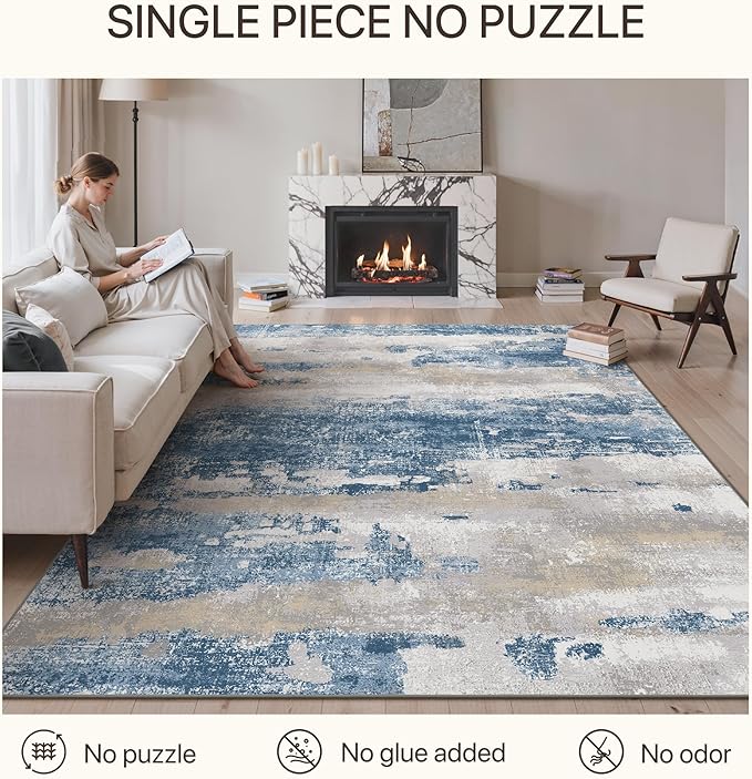 GENIMO No Crease Non Slip 8x10 Area Rugs for Living Room, Craft Woven Modern Abstract Rug, Soft Floor Carpet, Single-Piece Rugs for Bedroom, Dining Room, Office, Blue