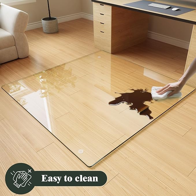 Koonmi Tempered Glass Chair Mat for Hardwood Floors & Carpets, 55" x 55“ Transparent Heavy Duty Office Floor Protector with Noise-Free Gliding Shatterproof for Home Office Desk