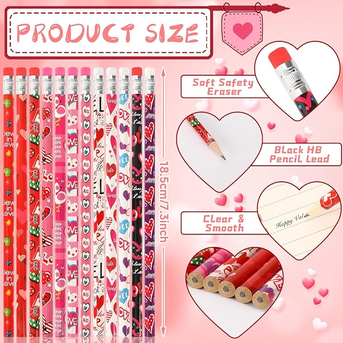 JULMELON 72PCS Valentine's Day Party Favors Set,36PCS Valentines Pencils with 36PCS Heart Erasers, Wooden Pencils for Kids School Classroom Office Party Reward Supplies