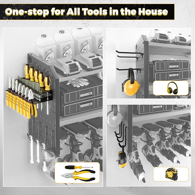KAFAHOM Power Tool Organizer，Large 8 Drill Holder Wall Mount ，Heavy Duty Metal Tool Shelf with 12 Hooks Storage Rack for Garage Organization，Utility Cordless Drill Holder and Battery Shelves