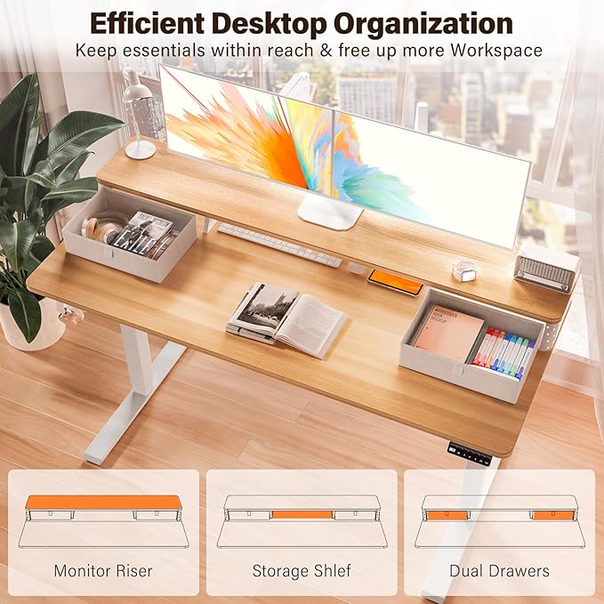 Kingant 55 x 24 Inch Electric Standing Desk with Dual Drawers, Height Adjustable Sit to Stand Computer Desk with Storage Shelf and C-Clamp Mount Compatibility for Home Office, Nature