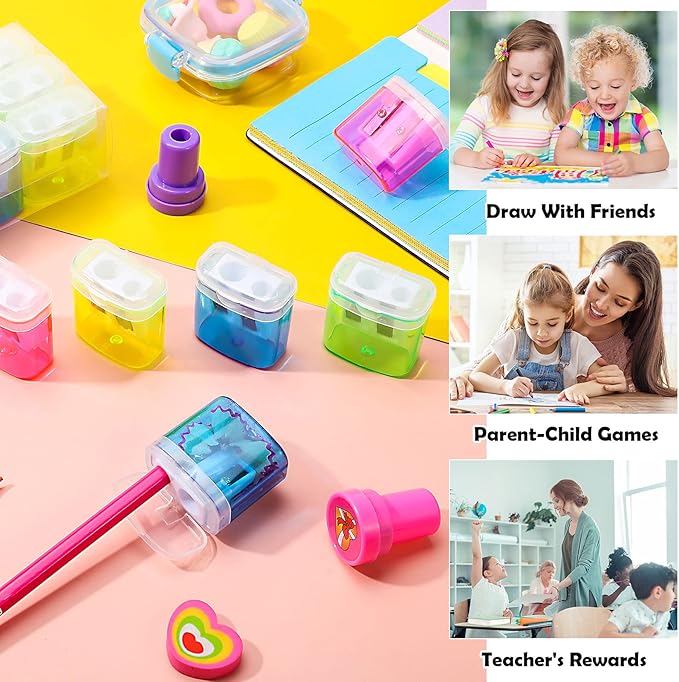 Tenare 48 Pieces Back to School Pencil Sharpeners Manual Double Hole Pencil Sharpener with Lid Hand for Home School Office, Handheld Plastic Crayon Grinder, Pink, Yellow, Green, Blue