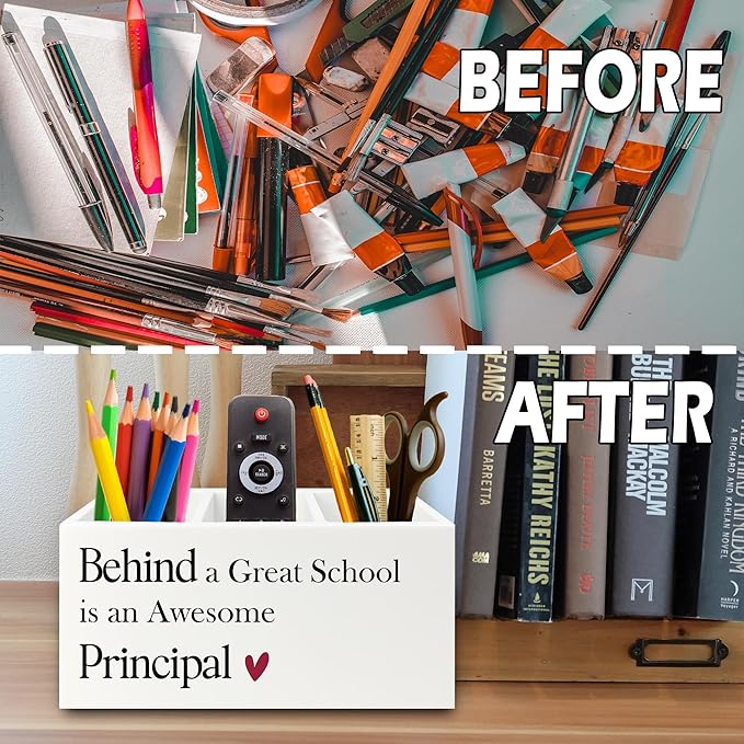 XPH Principal Gifts Pen Pencil Holder Organizer for Desk, Gifts for Principals Women Men, Behind a Great School Is an Awesome Principal Wooden Box Sign for Office Workplace Desk Tabletop Decorations