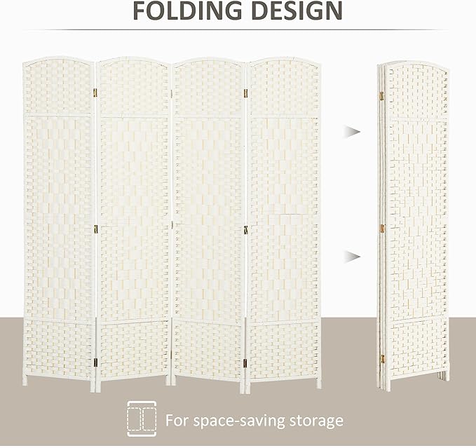 HOMCOM 4 Panel Room Divider, 6' Tall Folding Privacy Screen, Hand-Woven Freestanding Wall Partition for Home Office, Bedroom, White