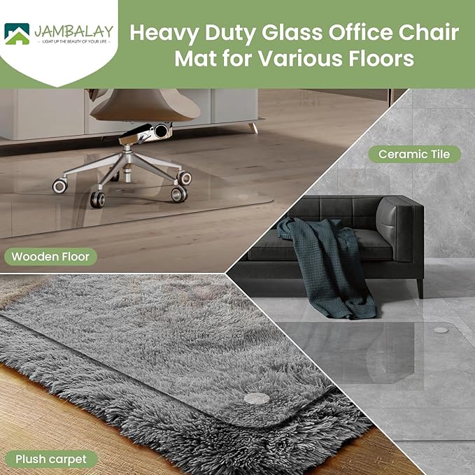 JAMBALAY 55″×46″ Tempered Glass Chair Mat, Heavy Duty Glass Office Floor Mat for Carpets and Wooden Floor, with 12 Anti-Slip Pads, Polished Edges and Round Corners, Easy Roll On, Thick 0.2″